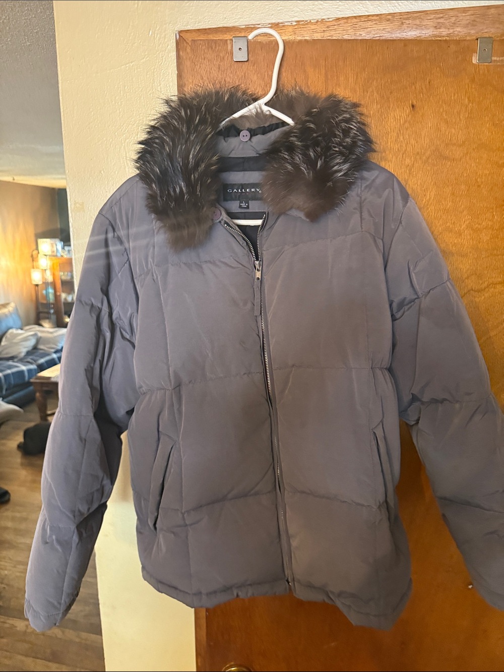 Gallery Gray Puffer Jacket with Faux Fur Trim